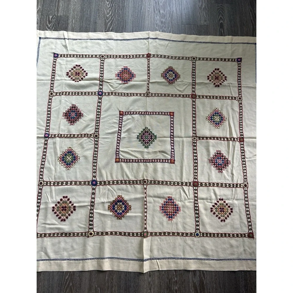 Vintage Hand Embroidered Colorful Tapestry Traditional Czech Slovak 45x48 Boho